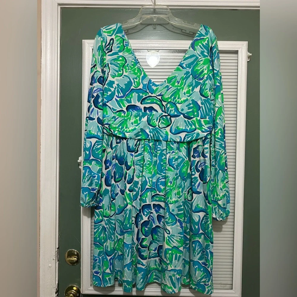 Lilly Pulitzer Fleur Agate Green Lazy River Rayon Spandex Jersey Dress XL - Picture 9 of 10